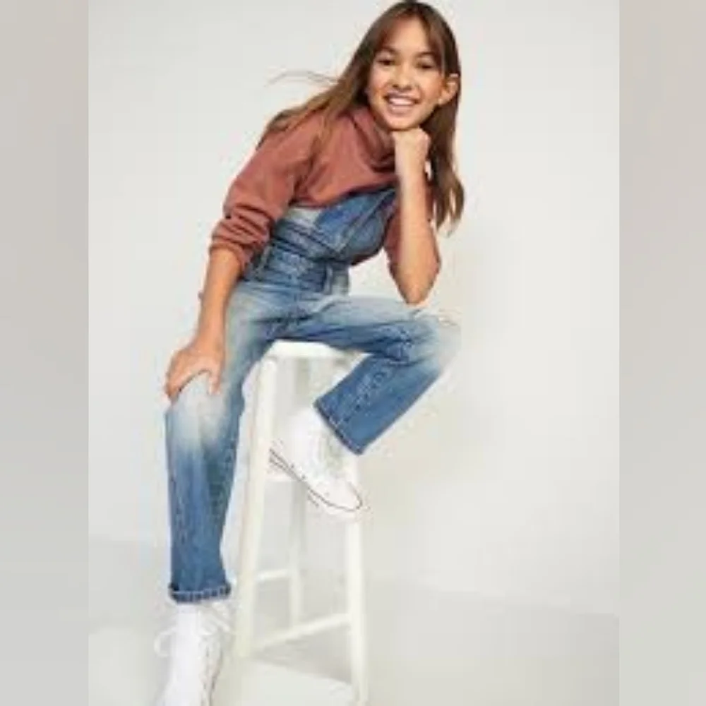 Old Navy #416296 Slouchy Straight Ripped Jean Overalls for Girls NWT L(10-12)